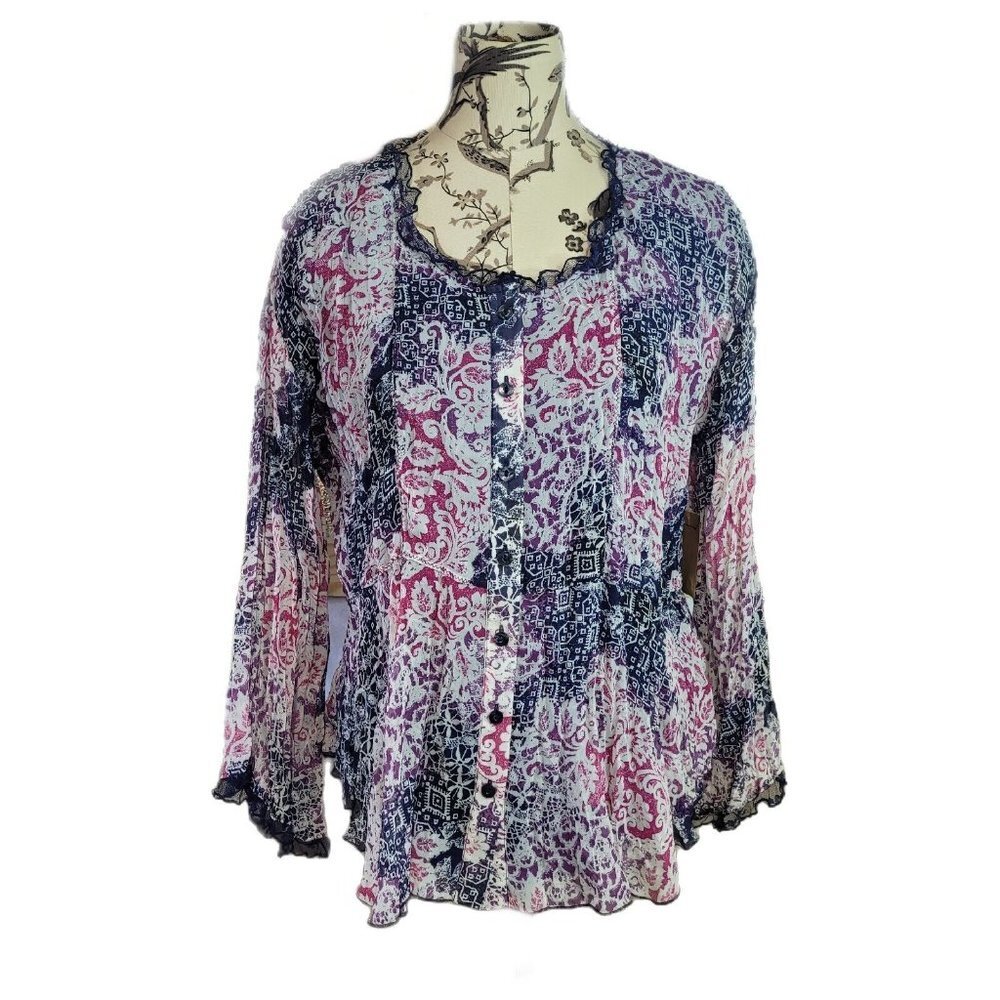 Coldwater Creek Size S Shirt No Iron Floral Button Long Sleeve Boho Blouse New